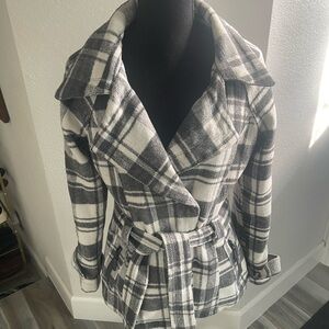 Jou Jou Plaid Pea Coat - Black and White
